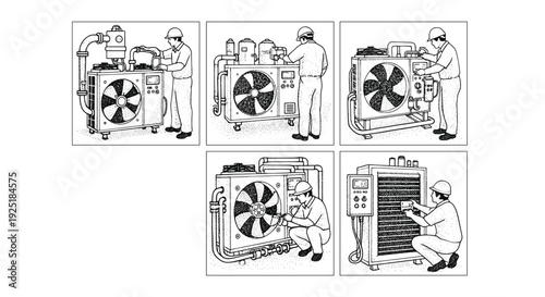 HVAC technician performing maintenance on industrial cooling units and equipment