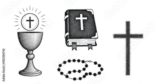Christian religious symbols including a chalice, Bible, cross, and rosary beads