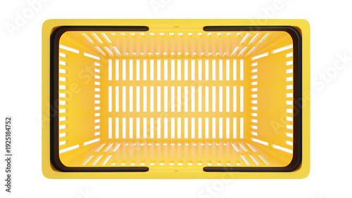 Plastic shopping basket, yellow empty store basket, supermarket shopping cart, top view, 3D rendering, isolated on white background, retail, grocery, consumer shopping, market container