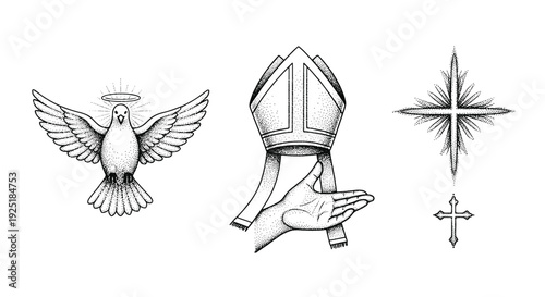 Religious symbols including a dove with halo, a hand holding a mitre, and crosses in a dot art style