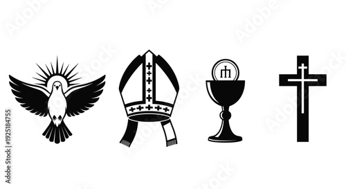 Collection of Christian religious symbols including a dove, mitre, chalice, and cross