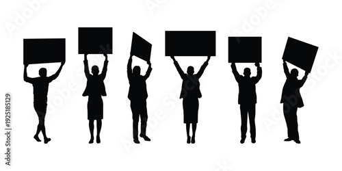 Group business workers prostesting holding banner signs with two hands at prostest march silhouette vector illustration.