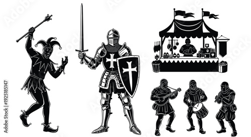 Medieval scene with jester, knight, market stall, and musicians in black and white silhouette