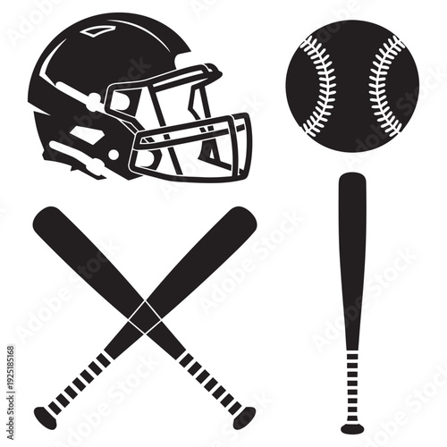 American Football Helmet and Baseball Bats Silhouette with Baseball Isolated on white background
