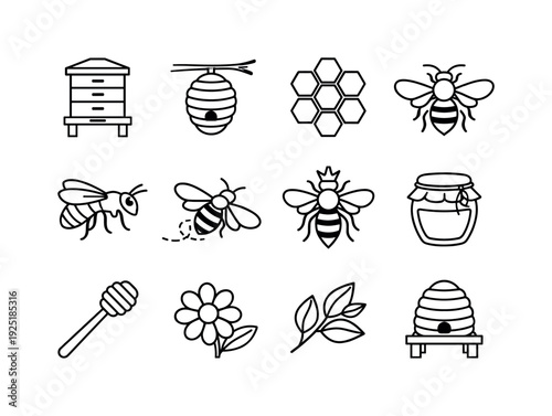 beehive and bees contour drawing. Line outline icon set of beehive and bees contour drawing: beehive, hanging