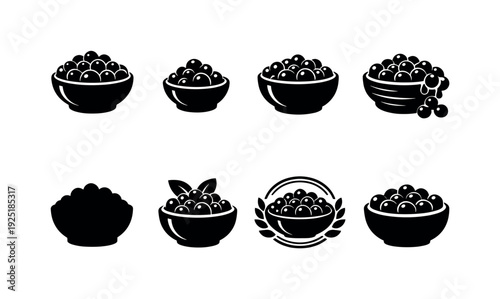 Blueberry bowl contour drawing. Filled icon set of Blueberry bowl contour drawing: bowl filled with