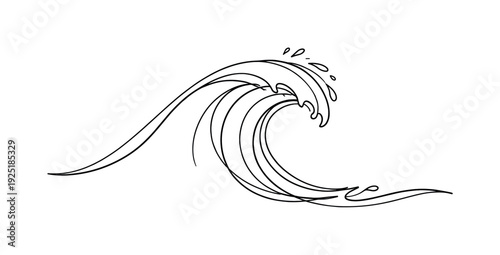 "Breaking Wave". Minimalistic one-line drawing dynamic ocean wave curling forward with subtle splash outline,