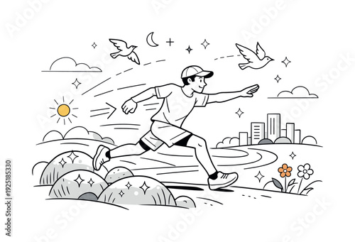 Early Morning Park Run. A jogger stretching one arm forward mid-stride while birds fly overhead and dew