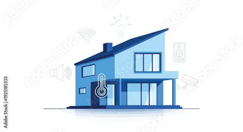 Blue House Illustration with Smart Home Devices.