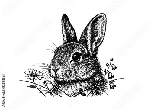 Close-up of a rabbit’s head and long ears with delicate wildflower stems crossing the lower foreground,