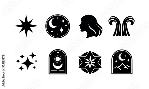 Mystic star symbolism collection. Filled icon set of Mystic star symbolism collection: radiant eight point