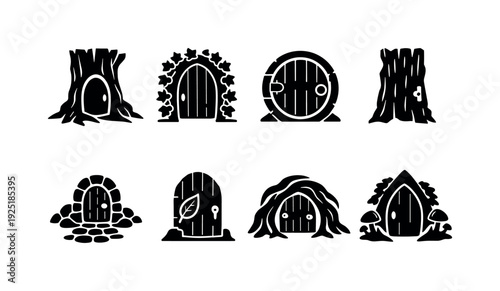 Enchanted tree door line art. Filled icon set of Enchanted tree door line art: hollow tree trunk doorway,