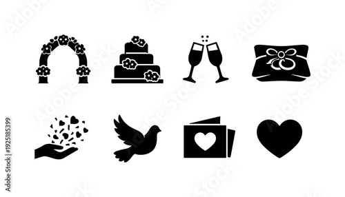 Romantic Ceremony Details. Filled icon set of Romantic Ceremony Details: wedding arch with flowers, wedding