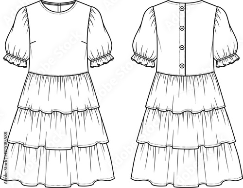 Fashion illustration of tiered dress design with puff sleeves, ruffle cuffs, gathered skirt, button placket, garment construction technical sketch
