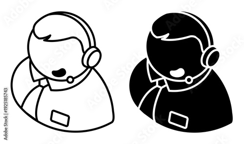 Linear isometric icon. call center customer service operator with wireless headset on head. Emergency telephone service employee. Simple vector isolated on white background