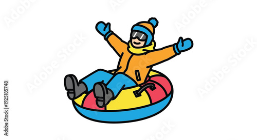 Illustration Vector of Child Snow Tubing Down Hill Winter Fun.