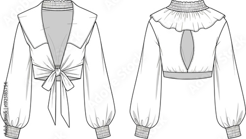 Fashion illustration, women’s blouse design, tie front, deep V neckline, voluminous sleeves, ruffled collar, garment construction, apparel drawing, stylish couture