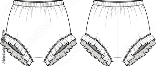 Fashion illustration, women’s bloomers design, vintage underwear, ruffled hem, elastic waistband, layered ruffles, garment construction, apparel drawing, clothing pattern