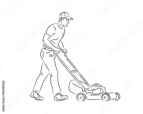 Minimalist line art illustration of a man in a baseball cap mowing the lawn with a push lawnmower, isolated on a white background.