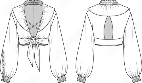 Fashion illustration, women’s cropped blouse design, deep V neckline, ruffled collar, tie front closure, voluminous sleeves, garment construction, apparel drawing