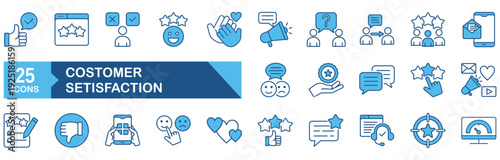 Customer satisfaction icon set Blue Monochrome Flat concept for vector illustration concept for satisfaction, review, feedback, client, line, service, survey, hand, star, like, business