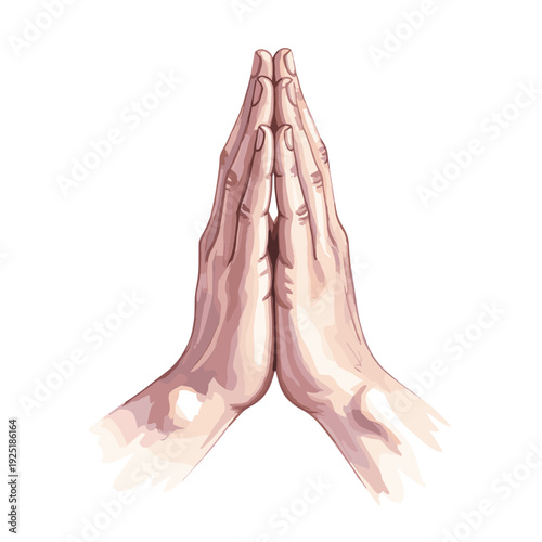 Close-up watercolor illustration of hands in prayer or greeting gesture against a white background
