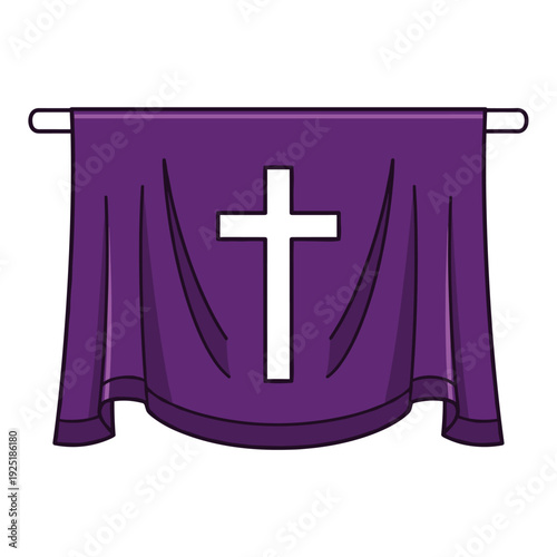 Purple altar cloth with white cross hanging on a rod for religious services