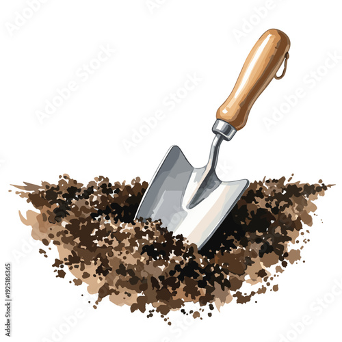 Gardening trowel digging into rich soil, preparing for planting flowers or vegetables