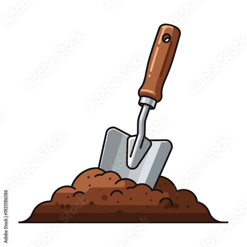 Gardening trowel stuck in rich brown soil, ready for planting or digging in the garden