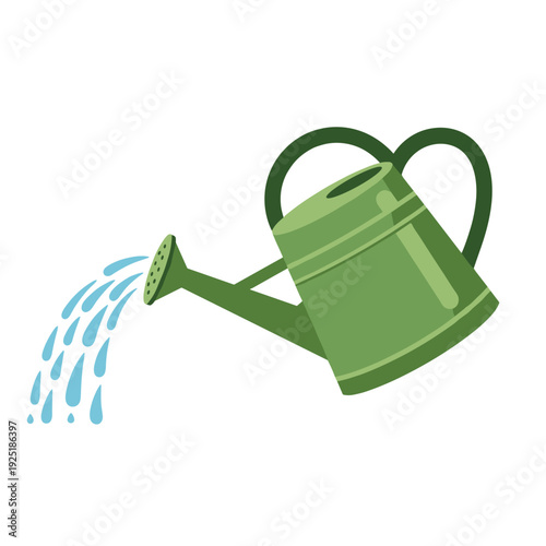 Green watering can pouring water with a white background, simple illustration