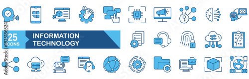 Information technology icon set Blue Monochrome Flat concept for vector illustration concept for datum, cloud, network, computer, digital, communication, web, business, database, mobile, system, wi-fi
