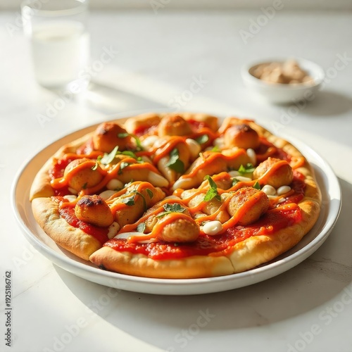 Healthy vegetarian pizza flat lay with scattered ingredients and basil leaves