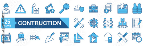 Construction icon set Blue Monochrome Flat concept for vector illustration concept for industry, helmet, wheelbarrow, symbol, house, road, engineer, tool, drill, work, pictogram, home