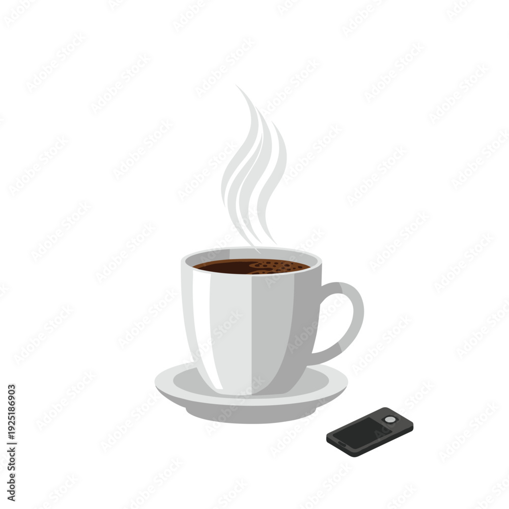 Fototapeta premium Hot steaming coffee cup with a small black remote control on a white saucer