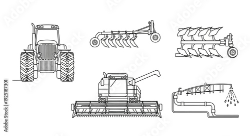 Agricultural Machinery Diagrams and Tractor Illustration.