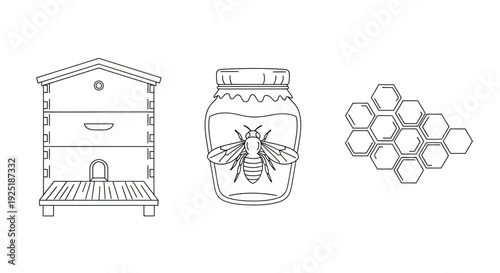 Beehive Bees Honey Jar Honeycomb Illustration.