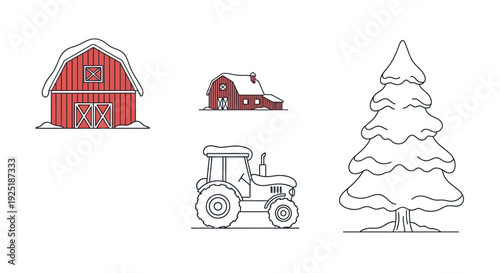 Barn Tractor Silo Tree Farm Illustration.