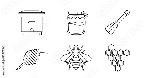 Bee Honeycomb Hive Beekeeper Equipment Icons.