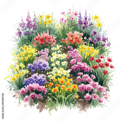 Vibrant watercolor painting of a dense garden bed bursting with colorful spring flowers