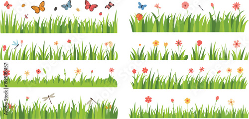 Early Spring Garden Flowers Cartoon Vector Set Forest Blooming Plants with Insects and Grass