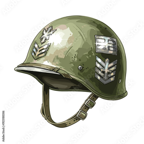 Vintage military helmet with insignia and camouflage pattern, isolated on white background