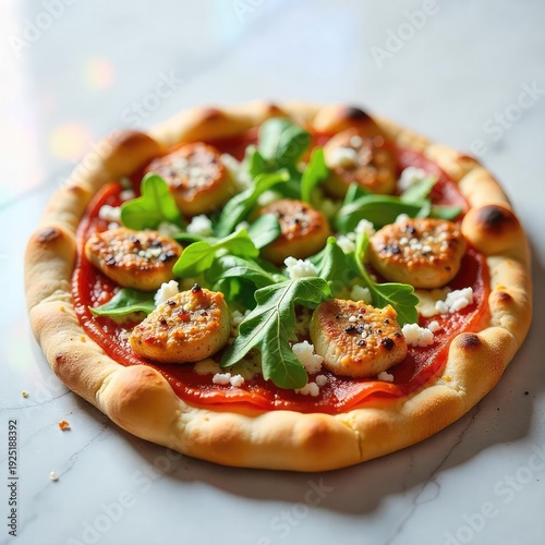 Homemade artisan pizza topped with fresh herbs and tomatoes overhead view