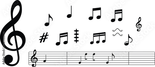 Black musical notes, clefs, and a staff are clearly displayed on a bright white background, inspiring rhythmic creativity and harmony.