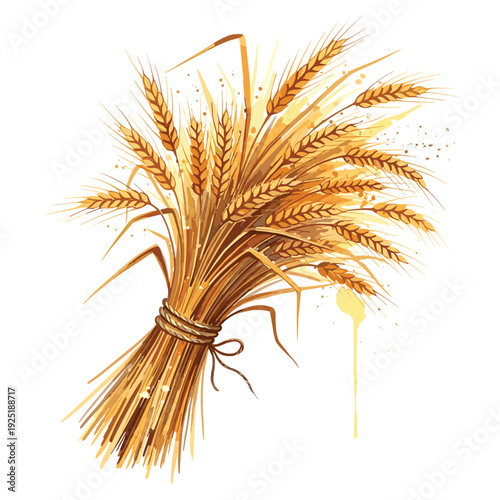 Golden wheat stalks tied with twine, symbolizing harvest and abundance in a watercolor style