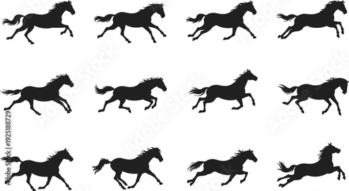 Running horse silhouettes set, black stallion galloping poses isolated on white background, dynamic equine vector illustration collection