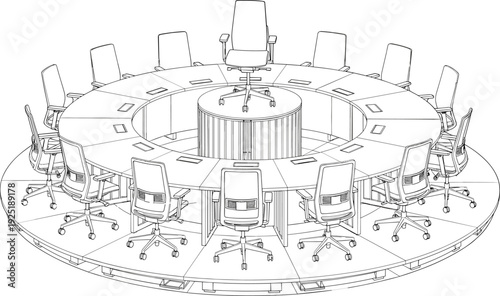 Corporate Boardroom Conference Table with Office Chairs Line Art Illustration Representing Business Meeting, Team Collaboration, Workplace Discussion and Professional Workspace Concept