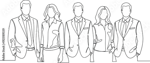 Corporate Business Team Standing Together Line Art Illustration Representing Professional Workforce, Office Collaboration, Leadership and Workplace Unity Concept