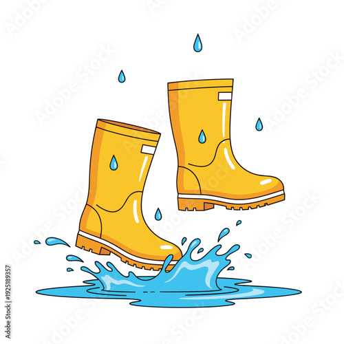 Yellow rubber boots splashing in puddles during a rainy day, cartoon style
