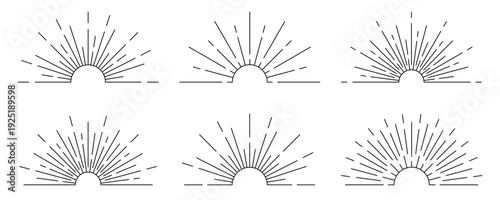Sunburst rays set in minimalist line art style. Abstract sunrise and radiant sun beam elements with geometric lines and semi circle shapes. Retro sun rays and sunburst design elements. Vector