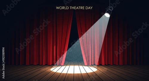 Theatre stage with red curtains and spotlight for world theatre day symbolizing performance and drama